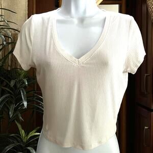 Bozzolo White V Neck Ribbed Crop Top | L | Minimalist Classic Short Sleeve